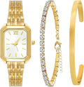 NEWITIN 3 Pieces Women Gold Watch Bracelets Set Fashion Costume Jewelry Stainless Steel Gold Plated Square Wristwatch Diamond Bangle Bracelet Watch Jewelry Set for Women