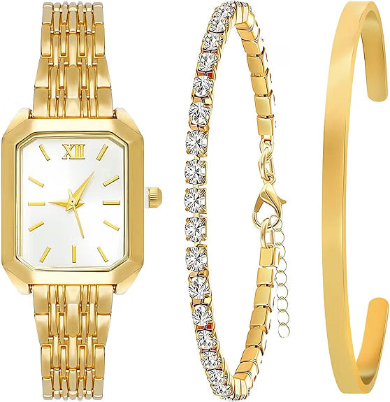 NEWITIN 3 Pieces Women Gold Watch Bracelets Set Fashion Costume Jewelry Stainless Steel Gold Plated Square Wristwatch Diamond Bangle Bracelet Watch Jewelry Set for Women